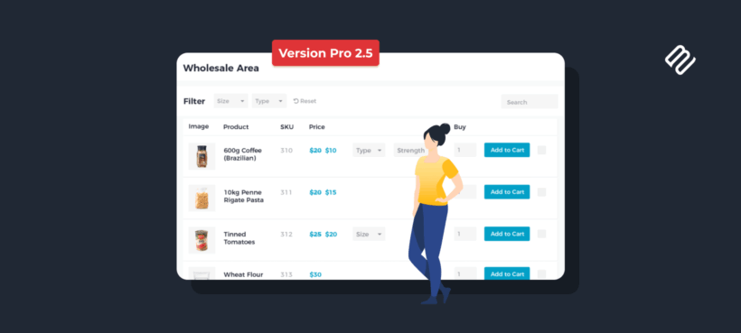 Illustrated header for WooCommerce Wholesale Pro 2.5 showing a wholesale product table with Version Pro 2.5 badge