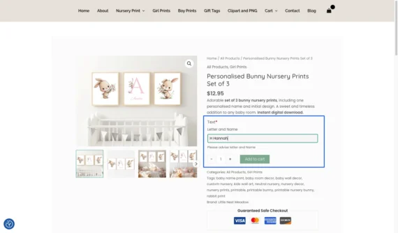 Little Nest Meadow personalized print products use WooCommerce Product Options