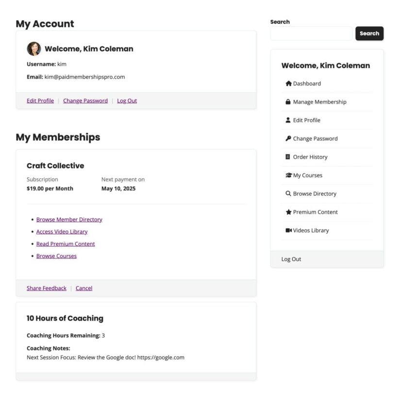 Paid Memberships Pro member account page showing active membership, subscription details and account navigation