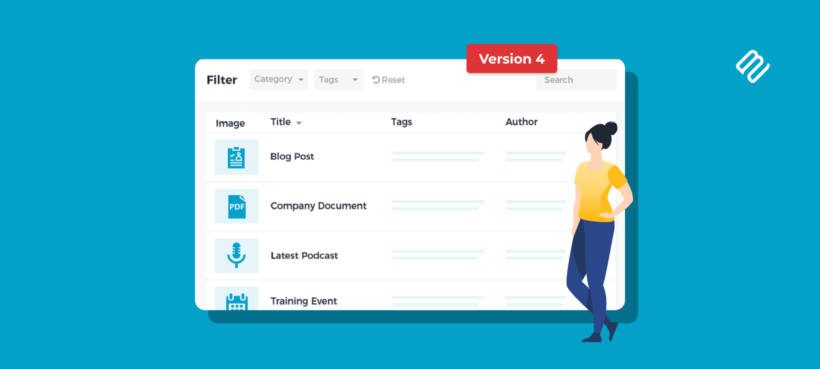 Posts Table Pro Version 4 illustrated header showing a filterable table with rows for blog posts, documents and events