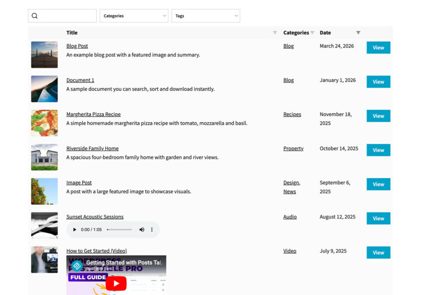 Posts Table Pro front-end table showing posts with thumbnails, titles, excerpts, categories, dates and View buttons