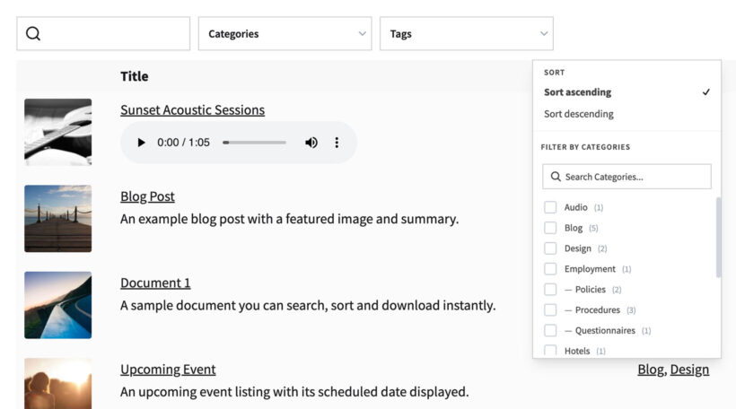 Posts Table Pro table with a category filter dropdown open showing hierarchical categories and sort options