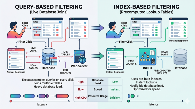 Diagram comparing query-based filtering with live database joins versus index-based filtering with precomputed lookup tables