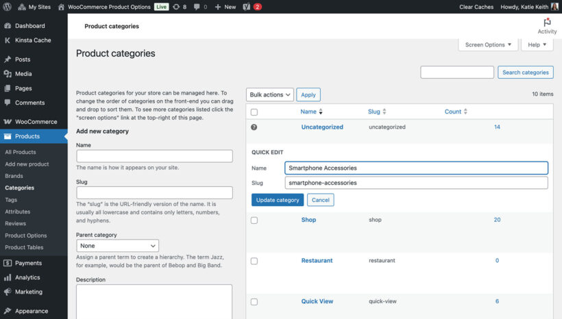 WooCommerce product categories screen with the quick edit panel open to rename a category slug