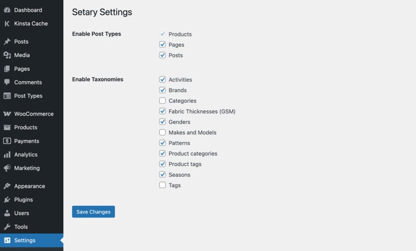 Setary settings page showing post types and taxonomies you can enable for bulk editing, including product categories