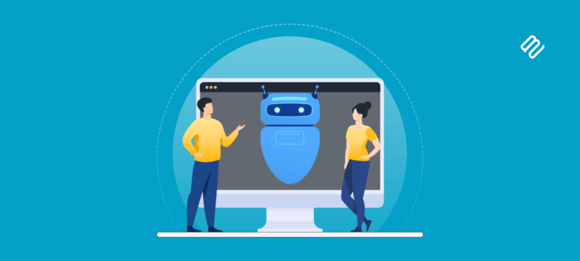 Illustrated graphic of two people standing beside a large computer monitor displaying a robot, representing the AI generation gap