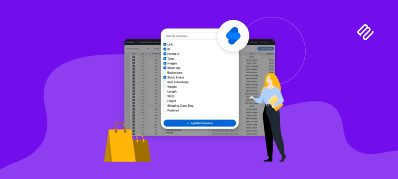 Illustrated graphic of Setary spreadsheet interface with a column chooser open, representing bulk WooCommerce product category management