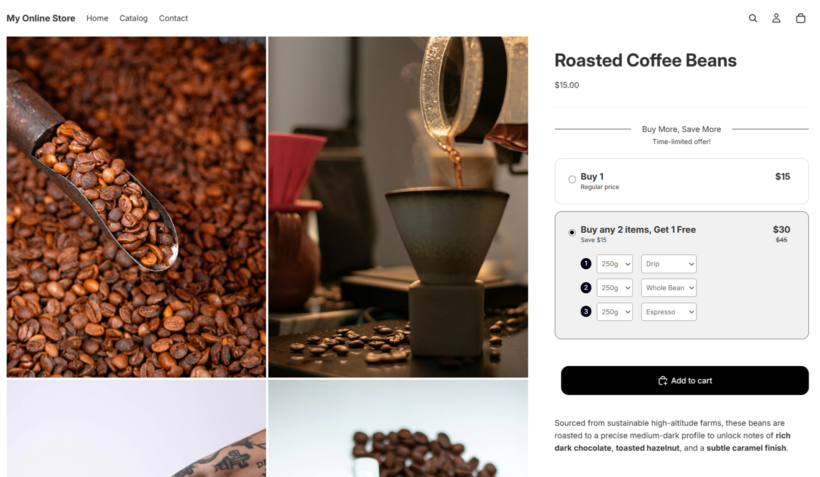 WooCommerce product page for roasted coffee beans showing a Buy 2 items, Get 1 Free volume pricing offer as a Shopify Buy X Get Y alternative