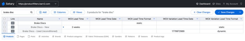 Setary spreadsheet showing WooCommerce Lead Time fields for brake disc products, with one variation set to 2 weeks