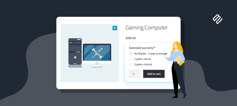 Illustrated graphic of a WooCommerce product page with an extended warranty add-on, representing checkout upsells