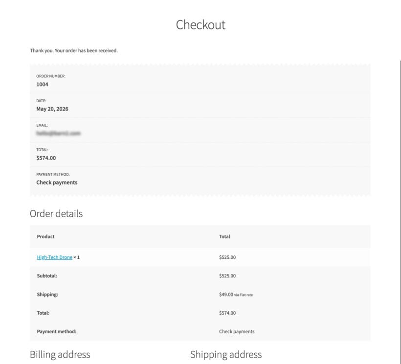 Standard WooCommerce order confirmation page with the thank you message, order number and order details