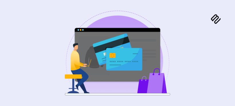 Illustrated graphic of a person at a laptop with credit cards on screen and shopping bags, representing WooCommerce payment gateways