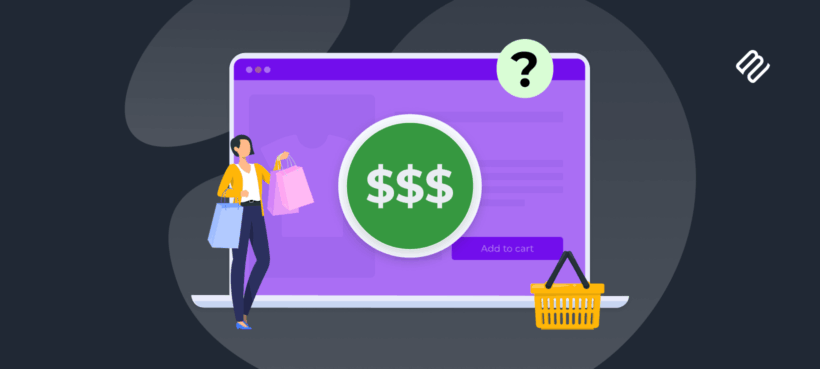 Illustrated graphic of a shopper with bags beside a laptop showing a dollar sign, representing WooCommerce store pricing
