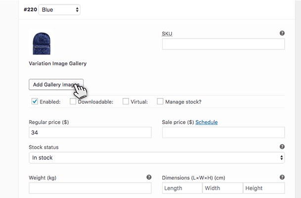 WooCommerce variation editor for a blue bag showing the Add Gallery Images button provided by the plugin