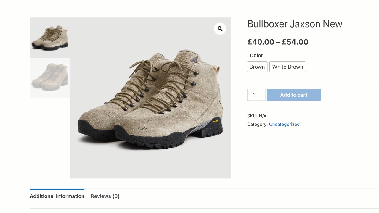 WooCommerce product page for a hiking boot showing per-variation gallery thumbnails and color variation buttons
