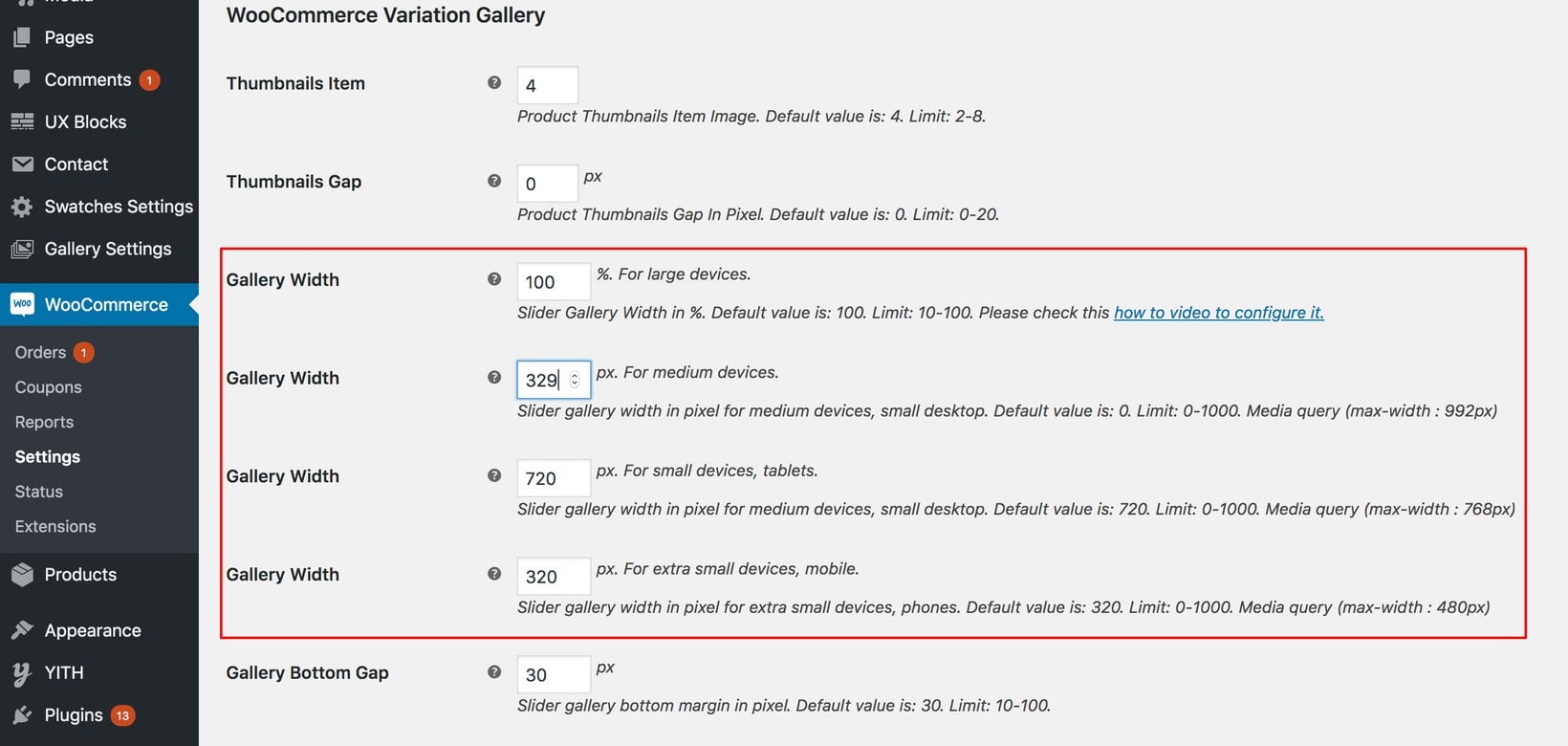 WooCommerce Variation Gallery settings panel with gallery width fields for desktop, tablet and mobile breakpoints