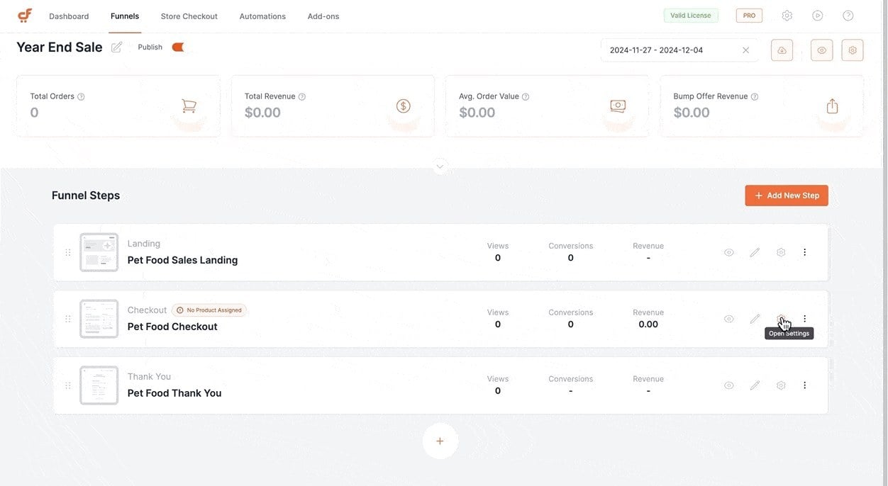 CartFlows funnel dashboard showing a Year End Sale funnel with landing, checkout and thank-you steps