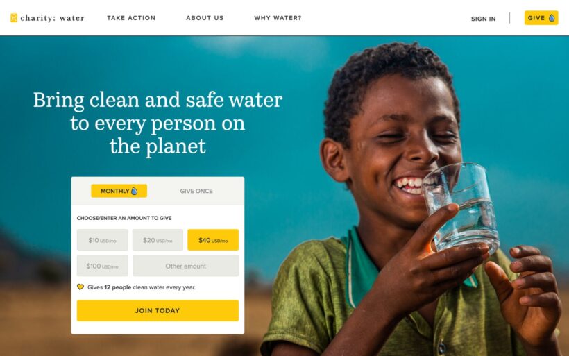 The charity:water homepage with a clean main navigation, a prominent Give button in the top-right corner and an inline monthly donation form