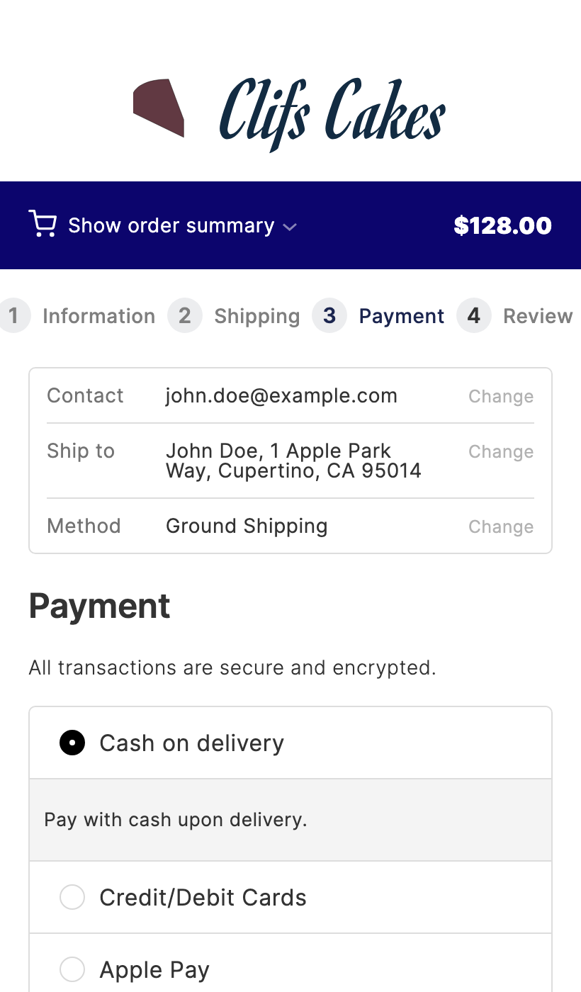 CheckoutWC four-step multistep checkout at the Payment step, with Apple Pay, Google Pay and PayPal express options