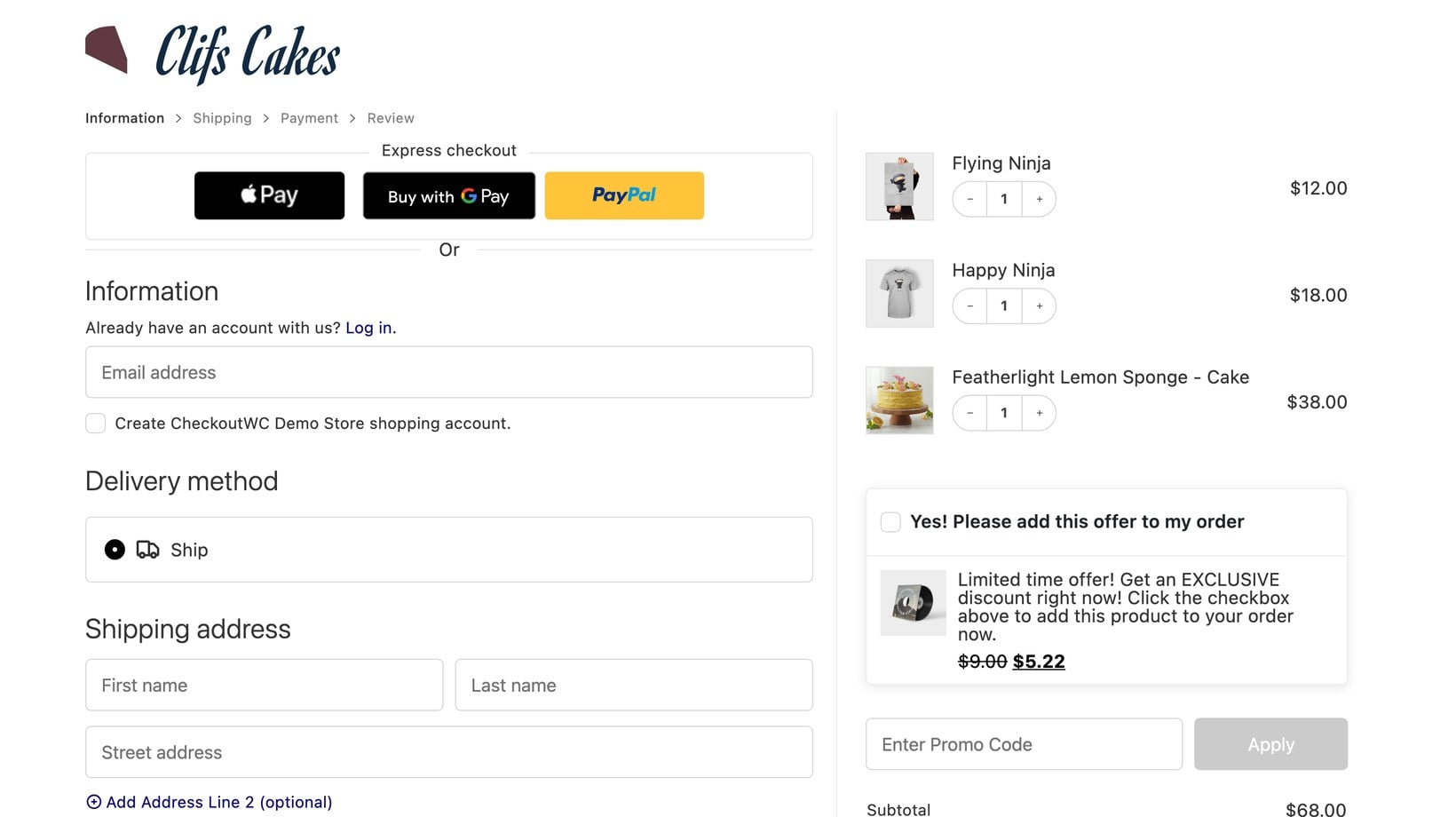 CheckoutWC Shopify-style WooCommerce checkout with express payment buttons and an order bump offer in the sidebar