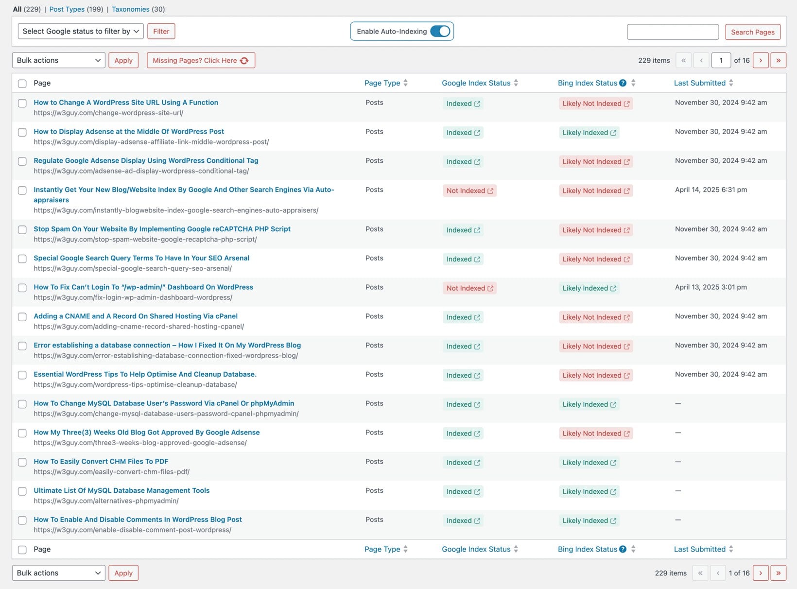 CrawlWP admin showing a list of WordPress posts with Google and Bing index status columns and last-submitted dates
