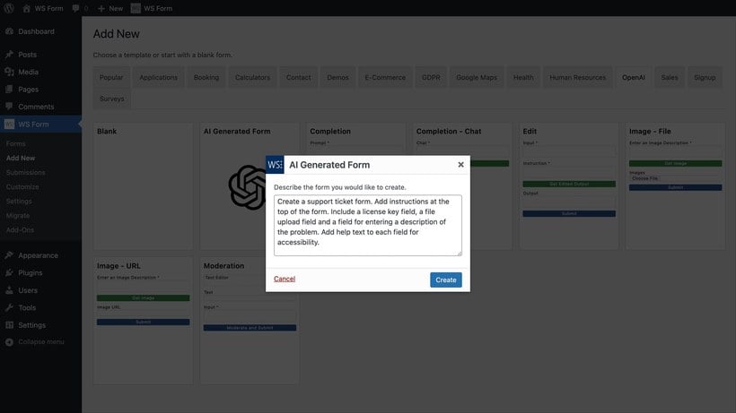 Creating a donor survey with the WS Form AI form generator by describing it in a prompt