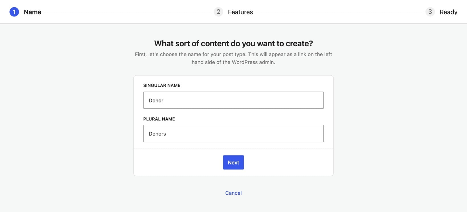 Creating the Donor custom post type in the Easy Post Types and Fields wizard