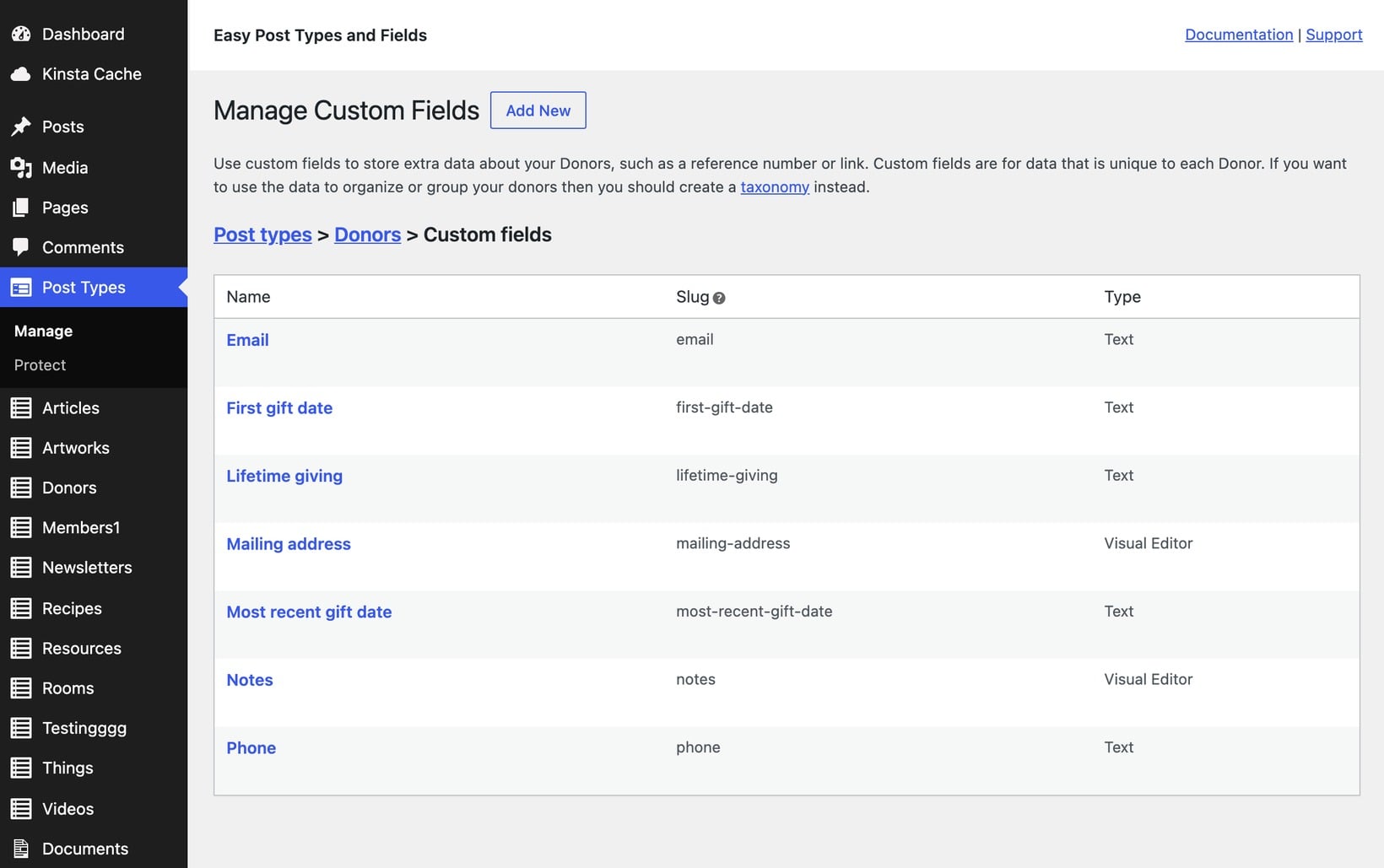 Donor custom fields in Easy Post Types and Fields including email, phone and lifetime giving