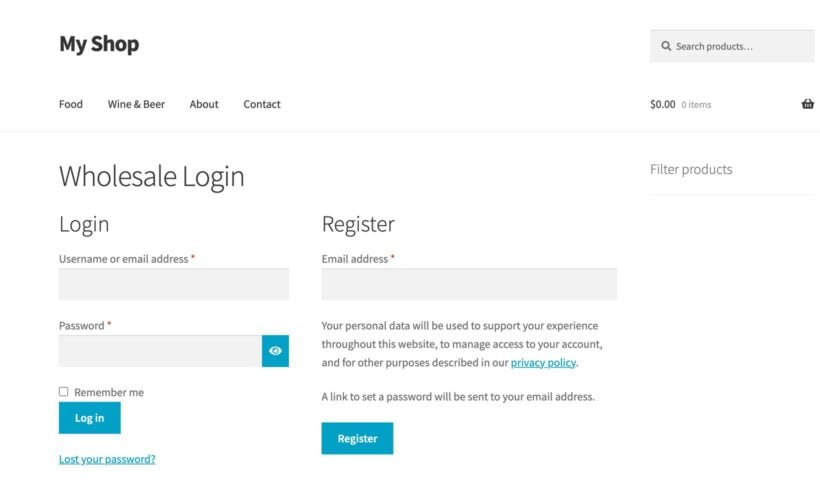 Wholesale Login page with separate login and register forms for customers to apply for a wholesale account