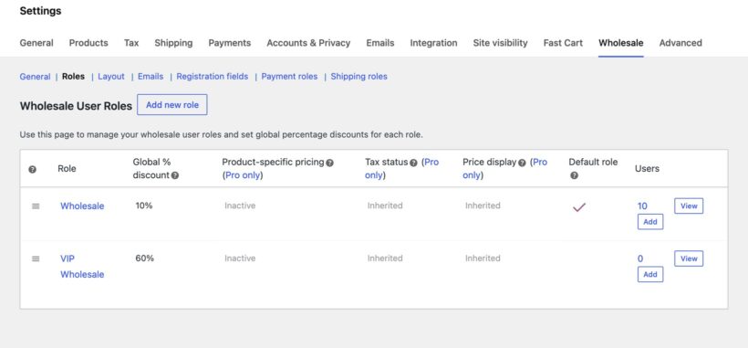 WooCommerce Wholesale settings showing two user roles, Wholesale at 10% discount and VIP Wholesale at 60%