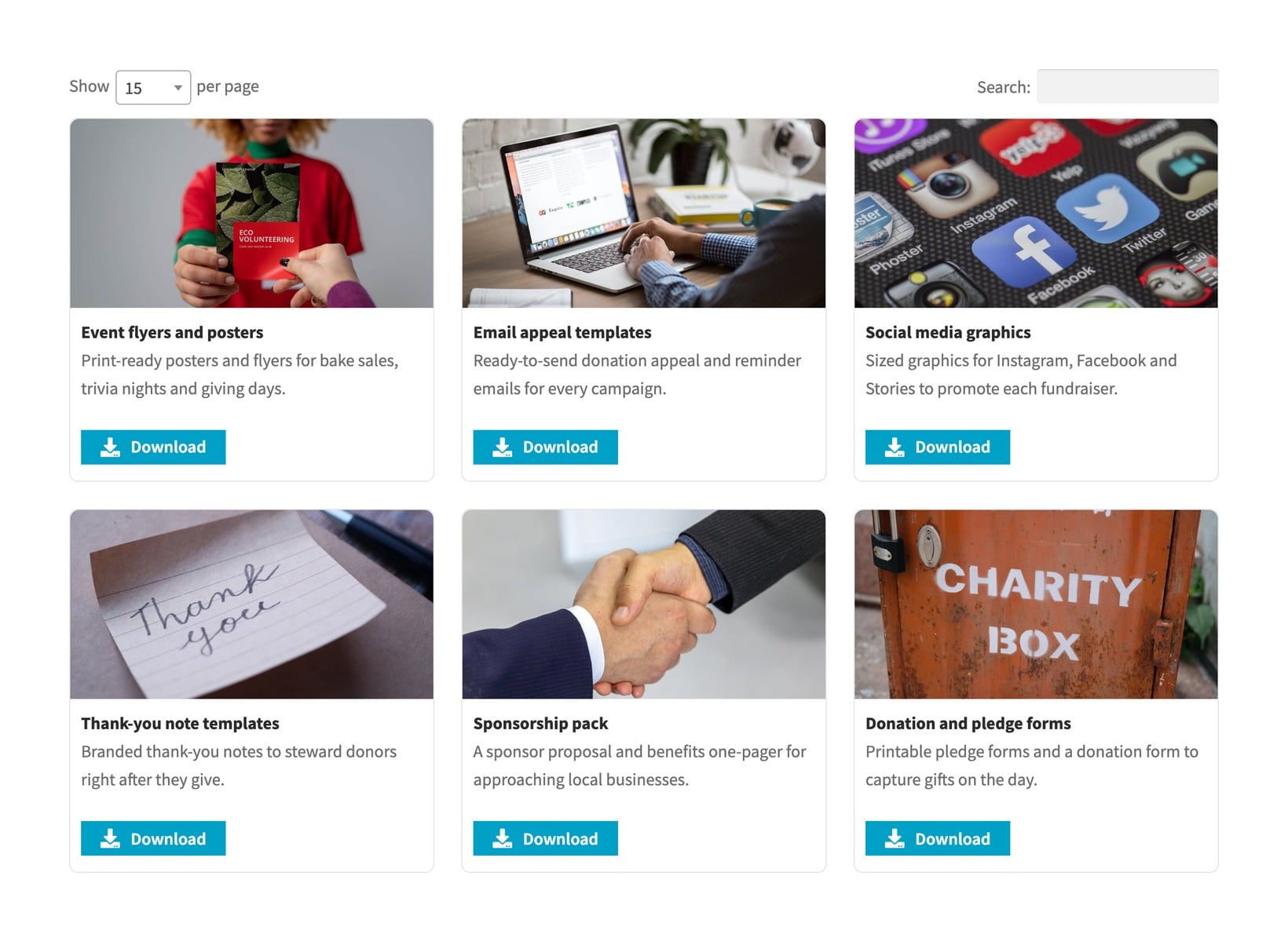 Document Library Pro grid of fundraising downloads including event flyers, email templates, social graphics and donation forms