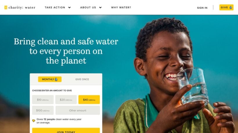 Charity: Water homepage, an example of strong nonprofit brand identity