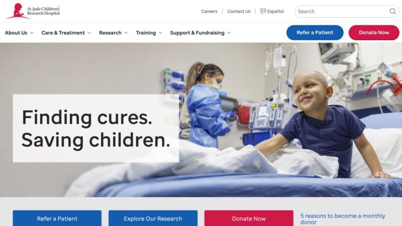 St. Jude homepage showing a consistent nonprofit brand identity