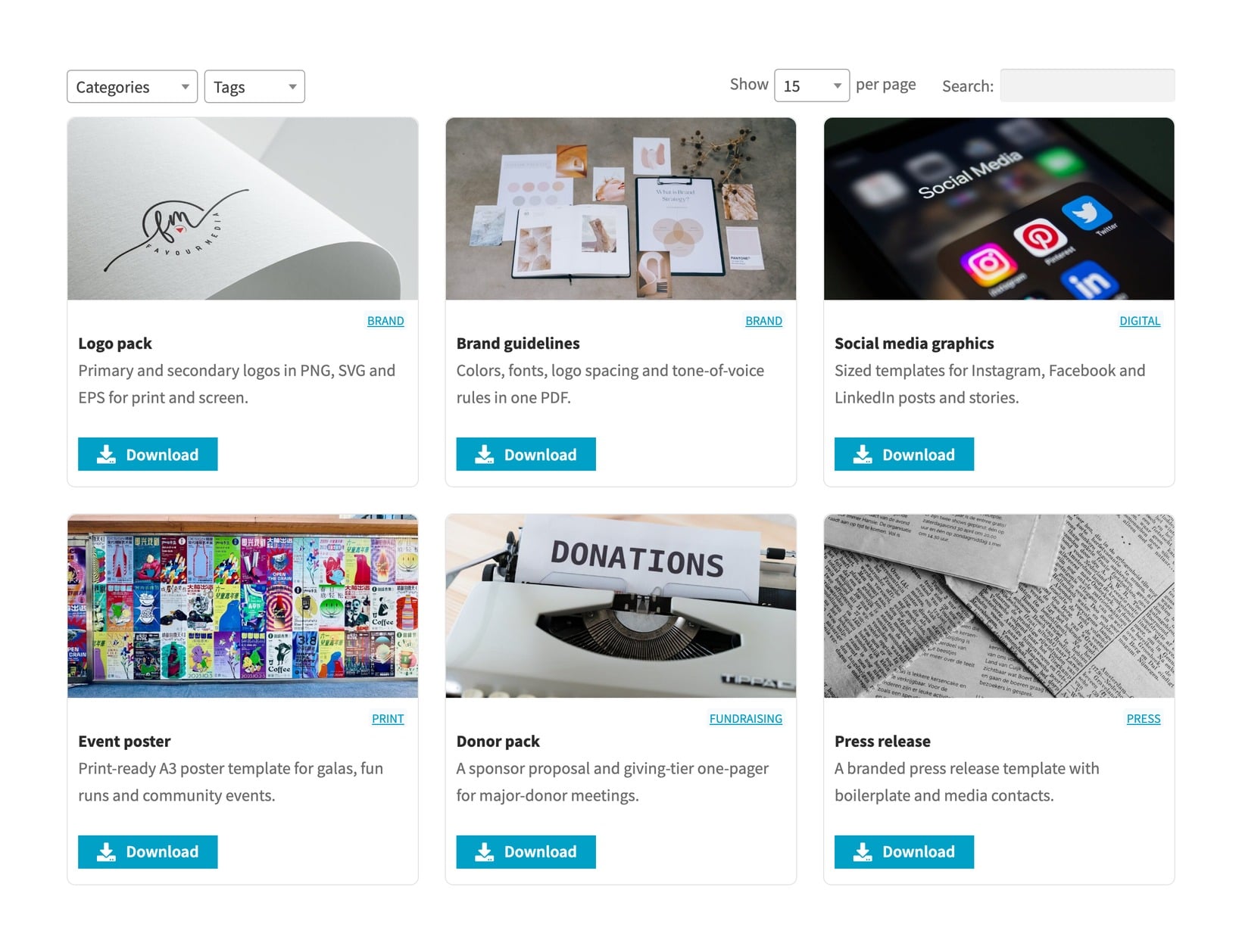 A nonprofit design asset library shown as a Document Library Pro grid with category and tag filter dropdowns, showing logo pack, brand guidelines, social media graphics, event poster, donor pack and press release tiles