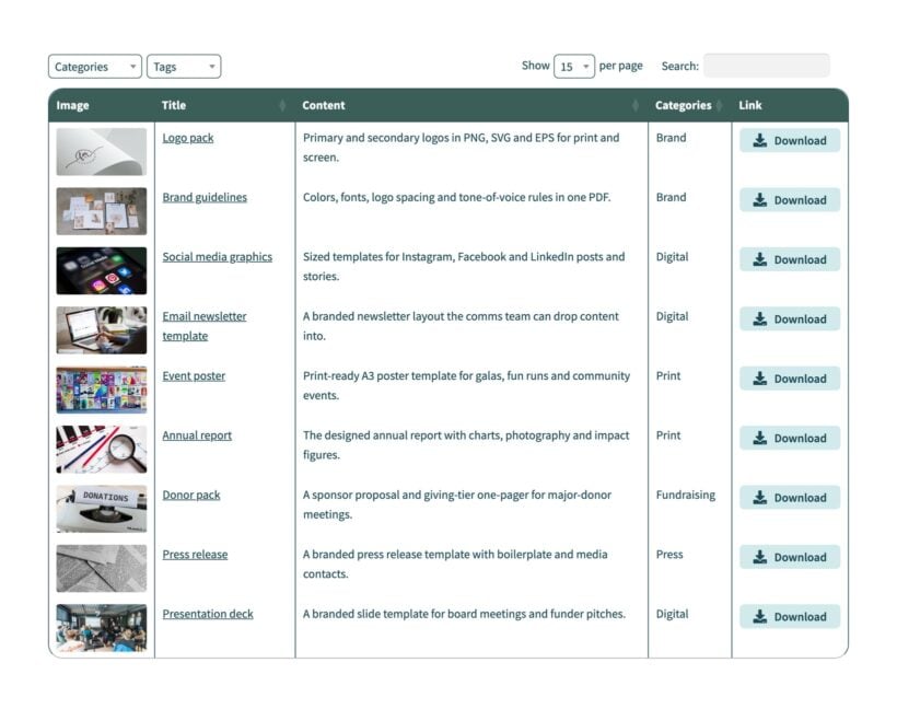 The same nonprofit design asset library shown as a Document Library Pro table with an image column, category and tag filter dropdowns, and download links for each asset