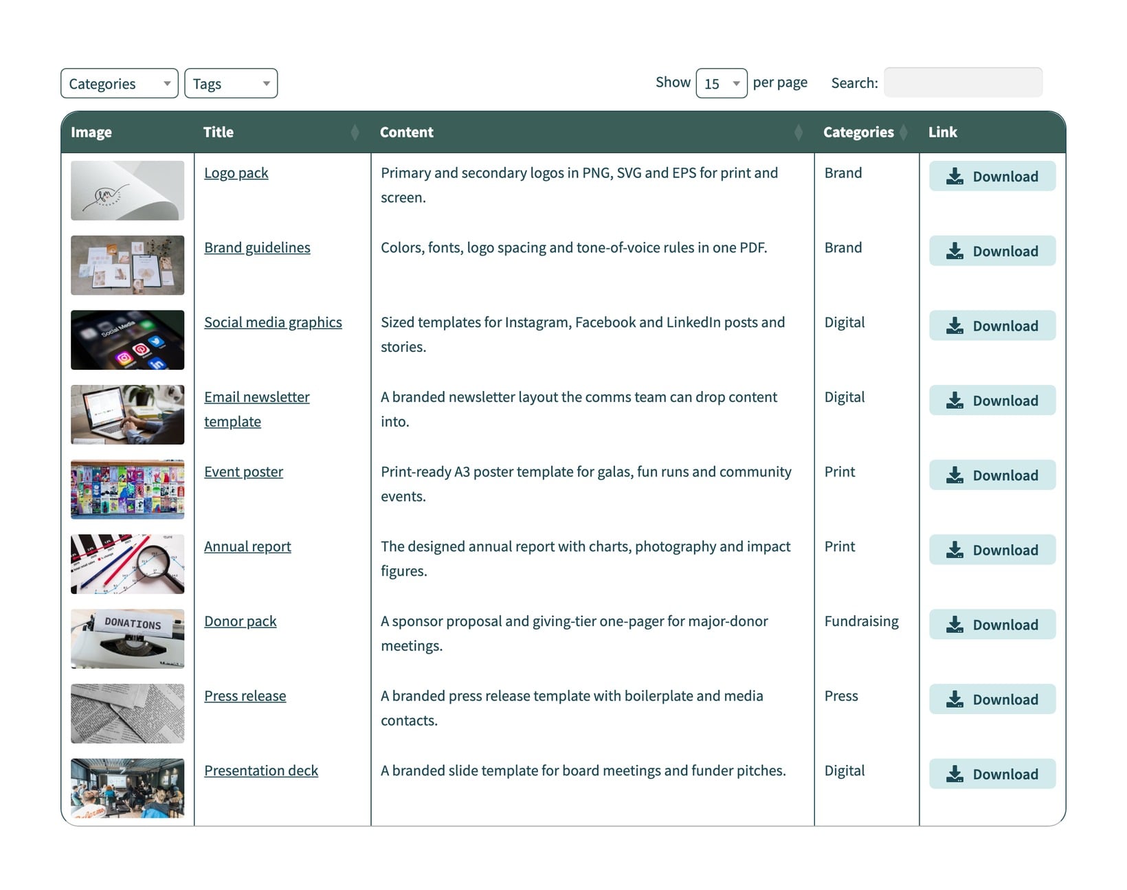 The same nonprofit design asset library shown as a Document Library Pro table with an image column, category and tag filter dropdowns, and download links for each asset