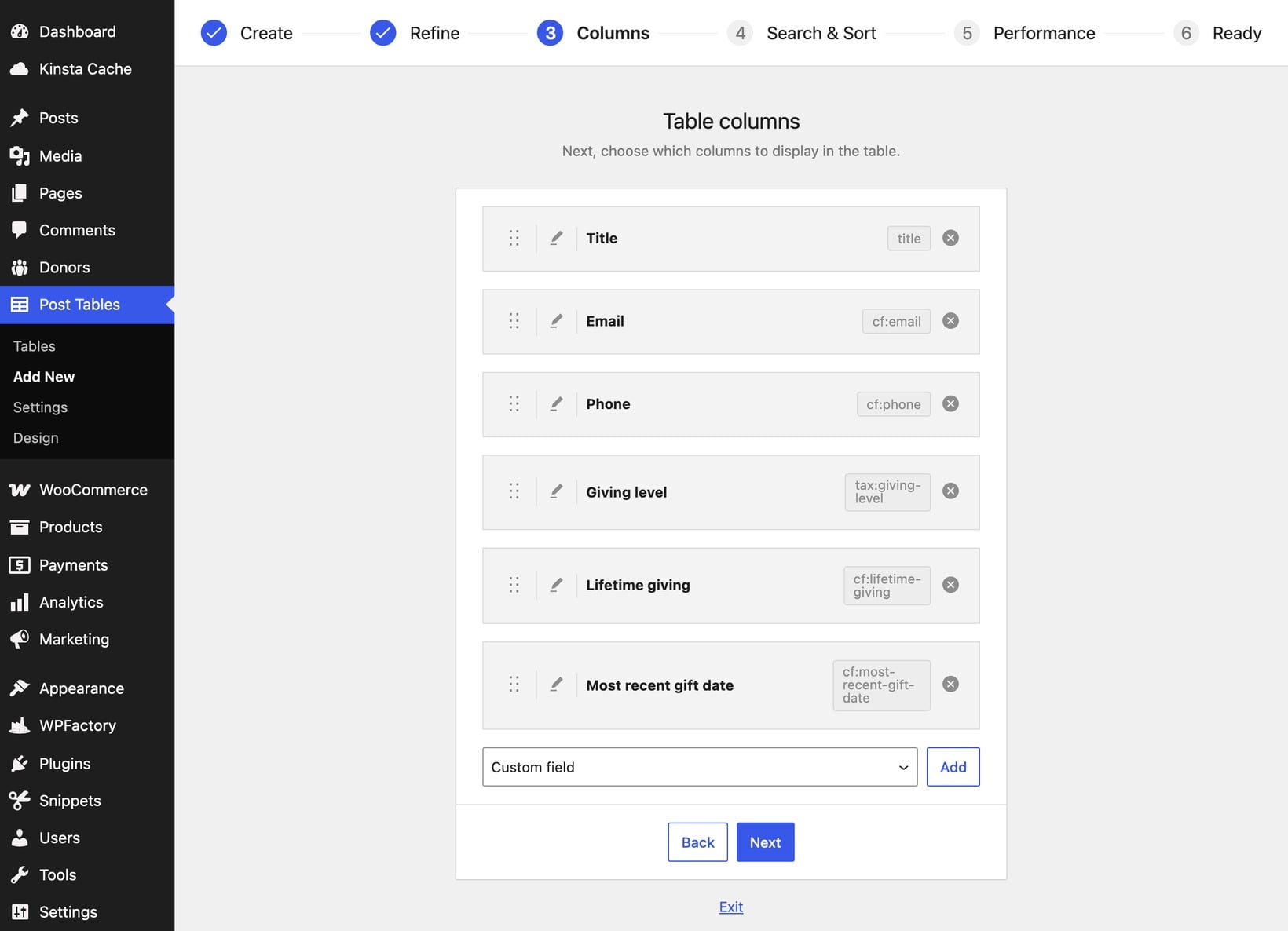 Building the donor database table in the Posts Table Pro table builder by choosing the columns to display