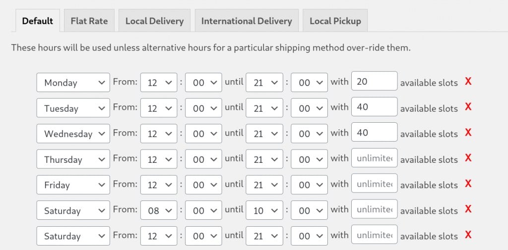 Opening hours settings for WooCommerce delivery slots, with time-range rows and available slot counts for each day