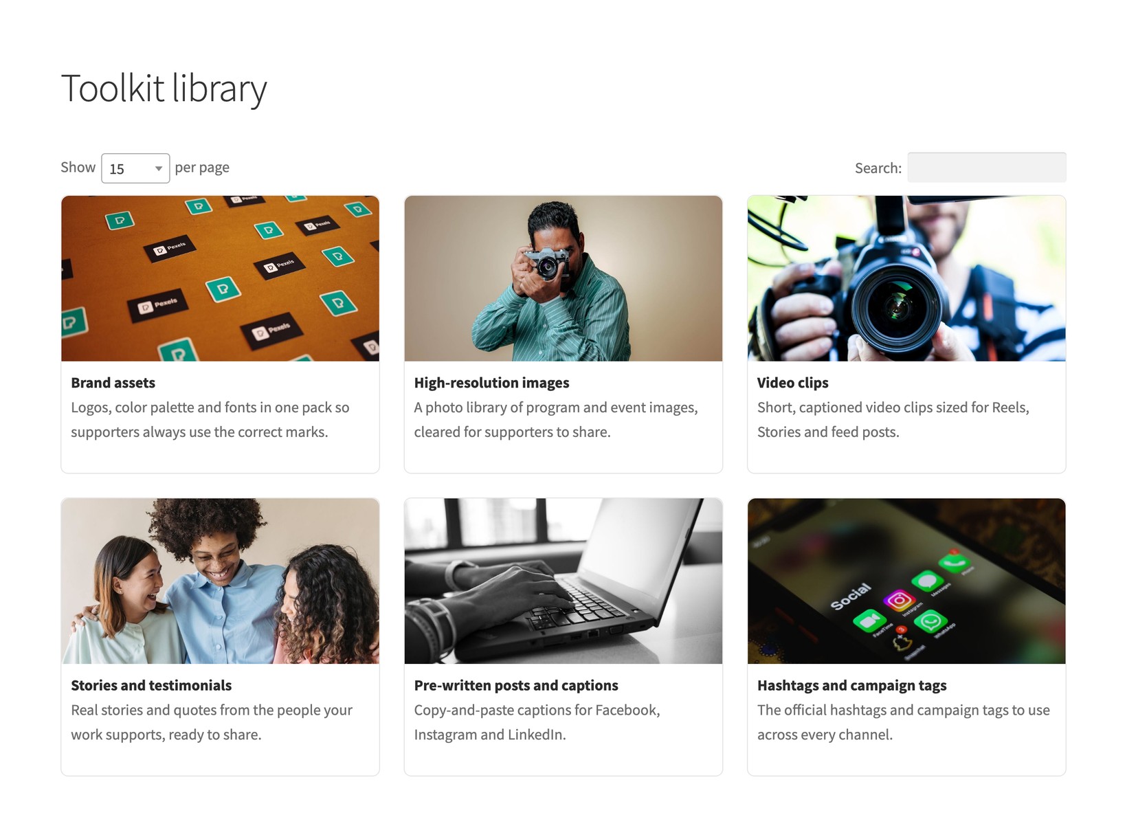 Document Library Pro toolkit library page with cards for brand assets, high-resolution images, video clips, posts, captions and hashtags