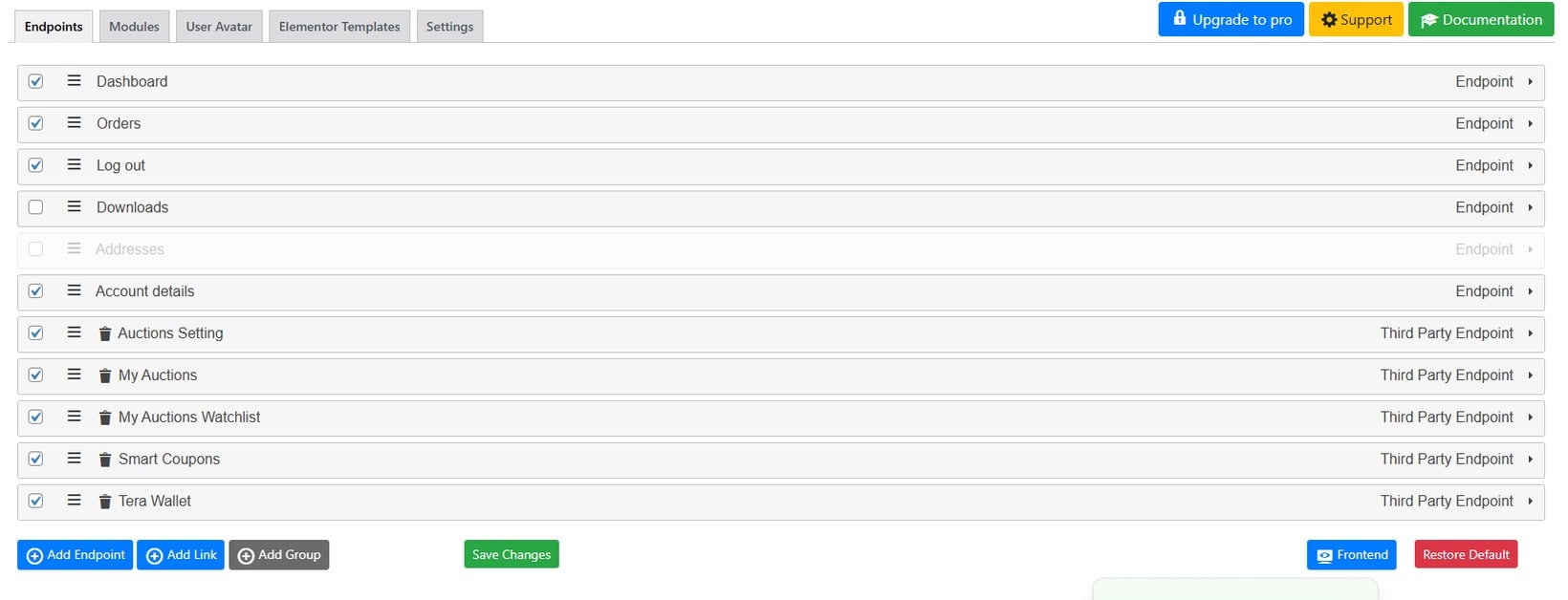 SysBasics Customize My Account endpoints list with checkboxes for Dashboard, Orders, Log out, Downloads and third-party tabs
