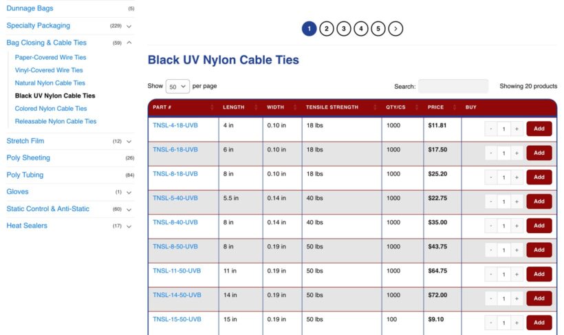 Tewes Corporation cable ties catalog using WooCommerce Product Table with part number, dimensions, price and an Add button per row