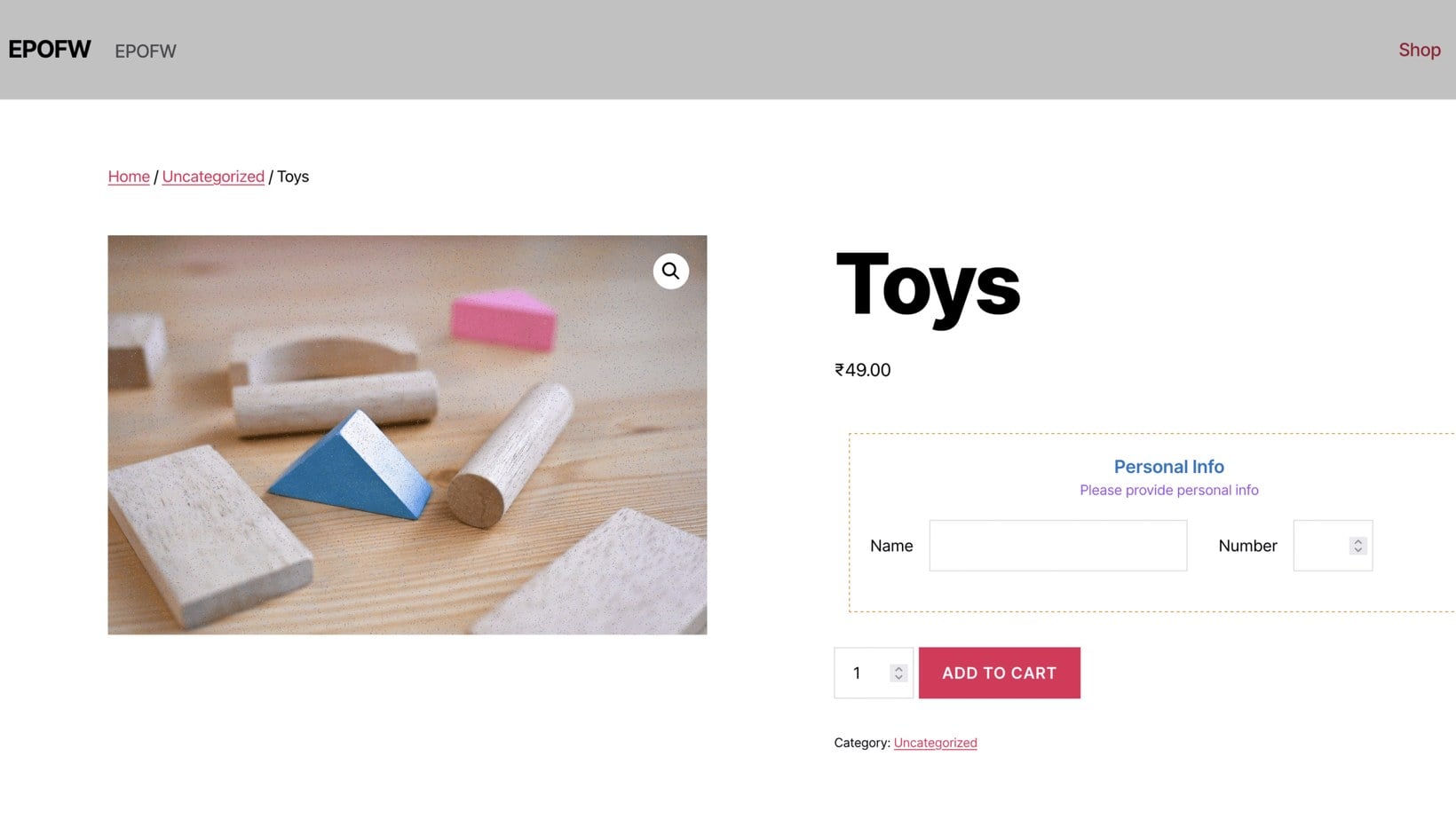 WooCommerce product page for Toys showing ThemeHigh Extra Product Options with Name and Number custom fields