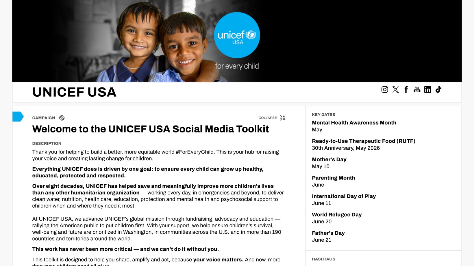 UNICEF USA social media toolkit page showing campaign key dates in a sidebar and the full toolkit description