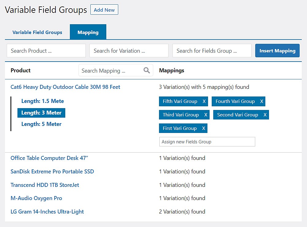 WC Fields Factory mapping screen assigning multiple custom field groups to specific variations of a WooCommerce cable product