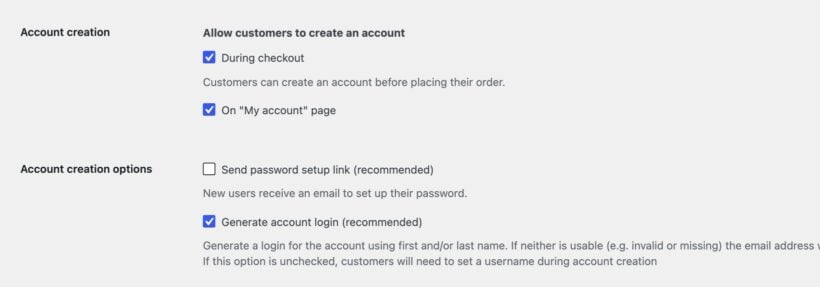 WooCommerce Accounts and Privacy settings showing account creation checkboxes for checkout and the My Account page