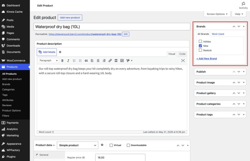 WooCommerce product editor for a waterproof dry bag with the Brands panel open and Nike selected