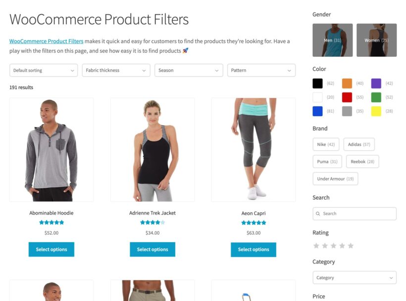 WooCommerce shop with WooCommerce Product Filters showing brand, color, gender, price and rating filters in the sidebar