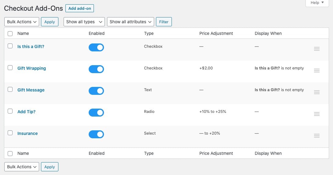 Checkout Add-Ons admin list showing five add-ons: Is this a Gift, Gift Wrapping, Gift Message, Add Tip and Insurance, each with type and price adjustment