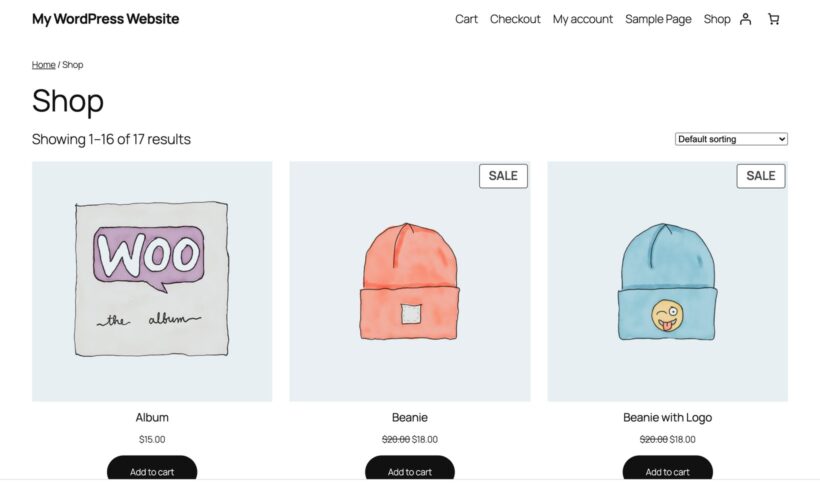 Default WooCommerce shop page with three product cards showing WooCommerce sample products at the standard catalog image size