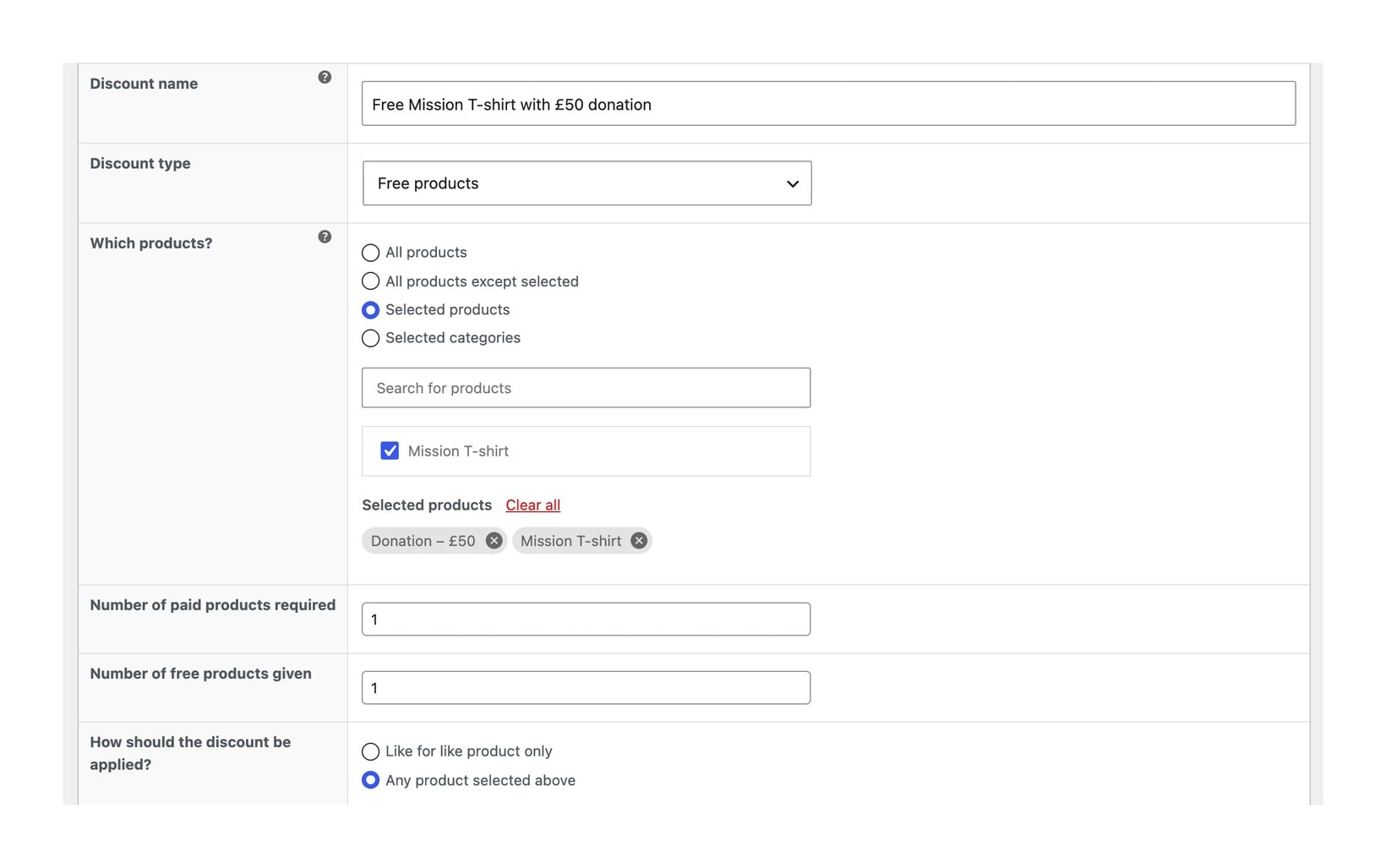 WooCommerce Discount Manager Free products discount set up to give a free Mission T-shirt when a supporter buys the £50 donation product, with both products selected and one paid product required, one free product given
